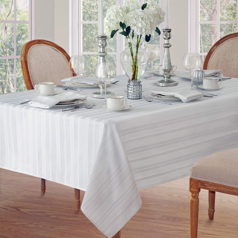 Newbridge 52 x 52 Inch Square White Spring and Easter Fabric Tablecloth, Denley Satin Stripe, Heavy Weight No Iron Polyester Holiday Dining & Party Table Cover - Image 1